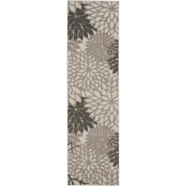 Aloha Gray 2 ft. x 6 ft. Kitchen Runner Floral Modern Indoor/Outdoor Patio Area Rug