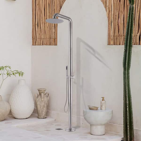 Outdoor Exposed 1-Handle 2-Spray Freestanding Shower Faucet 2 GPM Floor Mount Shower Kit with Hand Shower in Silver