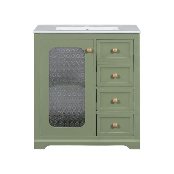 Noble House Seranor 30 in. Green Modern Bathroom Vanity with White Ceramic Top, Shelves, Drawers, Wood