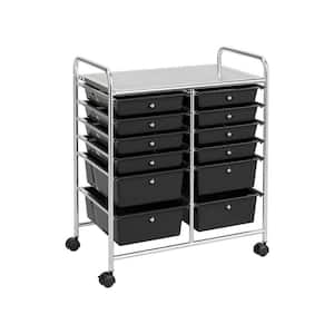 12-Drawers Plastic Rolling Storage Cart with Organizer Top in Black