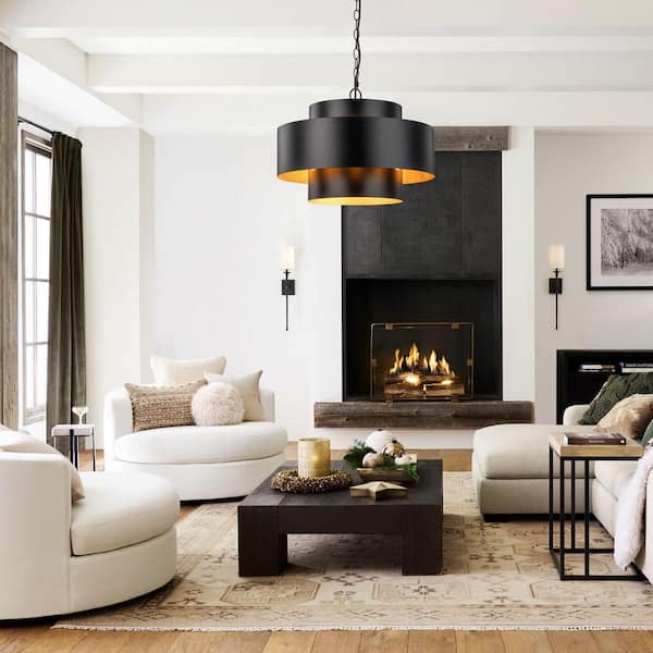 Laurie 7-Light Vintage Industrial Black Drum Gold Leaf Chandelier Light for Dining Room/Living Room
