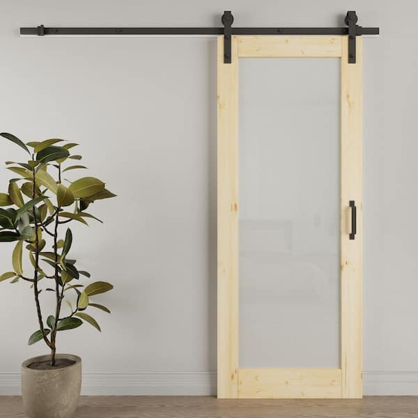 32 in. x 96 in. 1 Lite Tempered Frosted Glass Unfinished Solid Core Pine Wood Sliding Barn Door with Hardware Kit