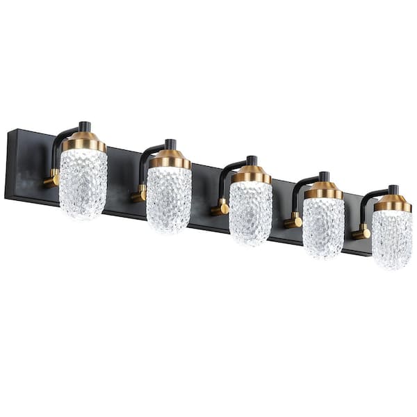 FIRHOT 31.5 in. 5-Lights Matte Black LED Vanity Light Bar with Crystal Glass Shade