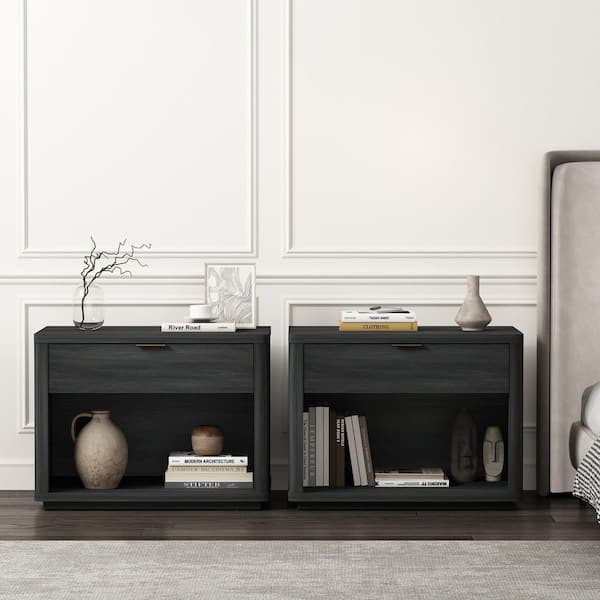 Evelyn Modern Charcoal Grey 1-Full Extension Drawer 32 in. W Nightstand (Set of 2)