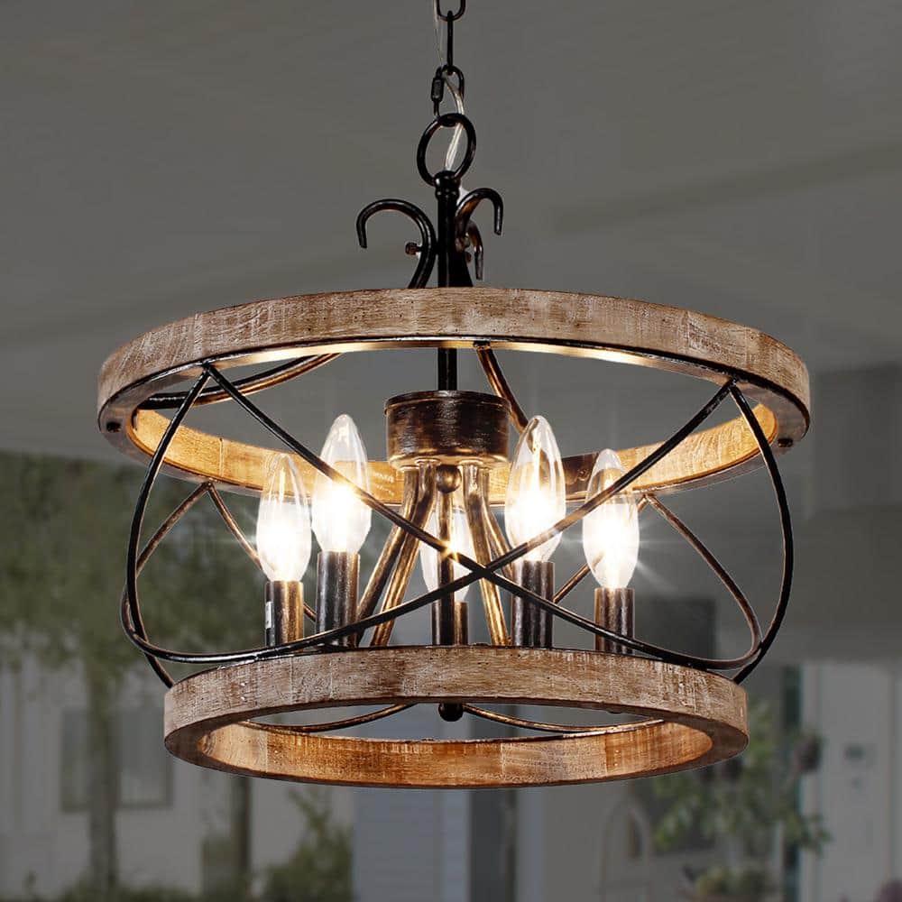 15.7" Weathered Wood Drum Farmhouse Chandelier with Adjustable Chain
