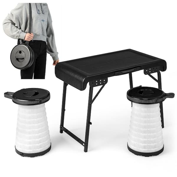 Costway 3-Piece Aluminum Patio Conversation Folding Table Stool Set with a Camping Table & 2 Retractable LED Stools