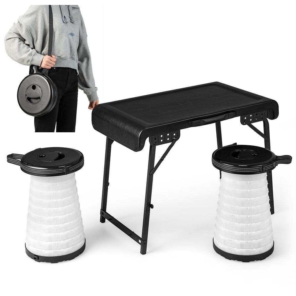 Costway 3-Piece Aluminum Patio Conversation Folding Table Stool Set with a  Camping Table & 2 Retractable LED Stools NP11168DK - The Home Depot