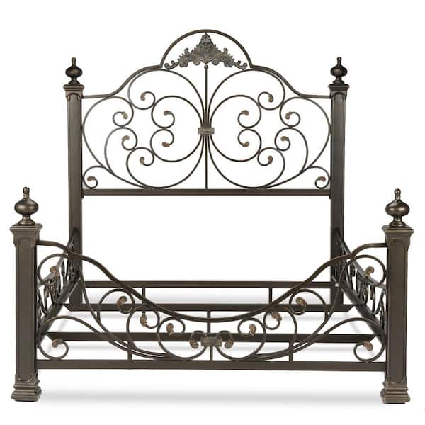 Fashion Bed Group Baroque Gilden Slate Queen Complete Bed with Massive Cast Metal Grills and Decorated Sloping Side Rails