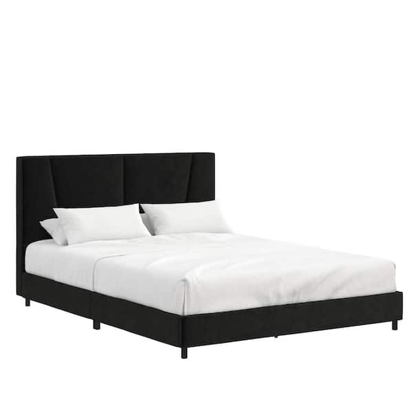 REALROOMS Maverick Upholstered Bed, Queen Size Frame, Black Velvet