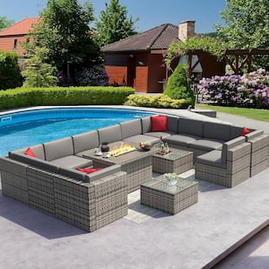 15-Piece Gray Wicker Outdoor Patio Conversation Set with 44 in. Fire Pit and Gray Cushions