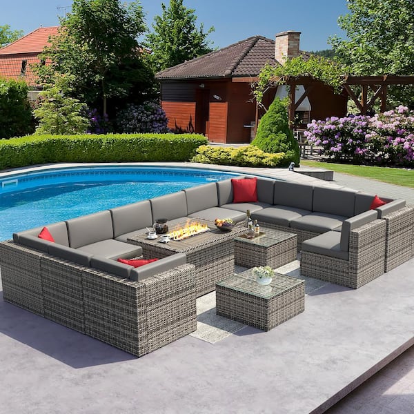 SUNMTHINK 15-Piece Gray Wicker Outdoor Patio Conversation Set with 44 in. Fire Pit and Gray Cushions