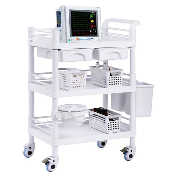 SKYSHALO White 3-Tiers Lab Utility Cart with 3-Trays and 4-Silent Wheels, Mobile Medical Cart