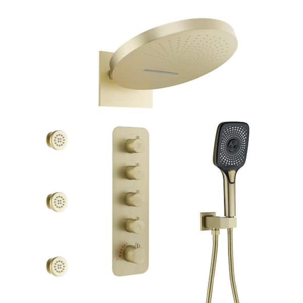 3-Spray Thermostatic Dual Shower Head Wall Mount Fixed and Handheld Shower Head 2.5 GPM with Body Spray in Brushed GOld
