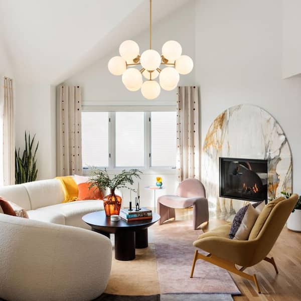 Carla 13-Light 23.6 in. W Brushed Gold Modern Chandelier with Bubble Cluster Light Glossy Opal Glass for Living Room