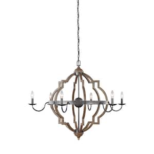 Socorro 6-Light Large Weathered Gray and Distressed Oak Rustic Farmhouse Hanging Candlestick Chandelier
