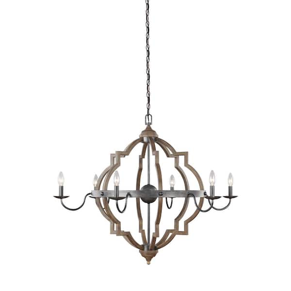 Socorro 6-Light Large Weathered Gray and Distressed Oak Rustic Farmhouse Hanging Candlestick Chandelier