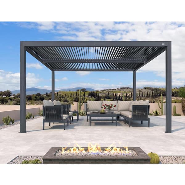 PURPLE LEAF 10 ft. x 13 ft. Gray Aluminum Frame Outdoor Louvered Pergola Hardtop Gazebo with Adjustable Roof for Sunshade Rainproof