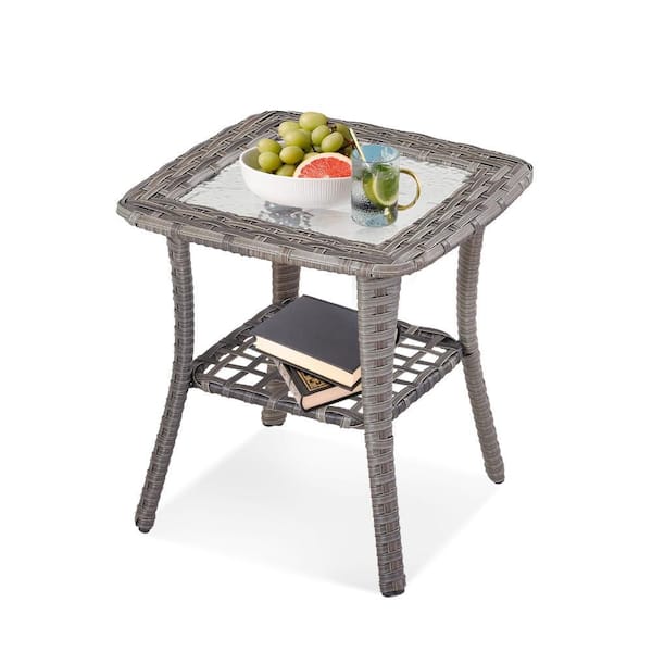 New Kalixx Gray Wicker Outdoor Glass Side Table