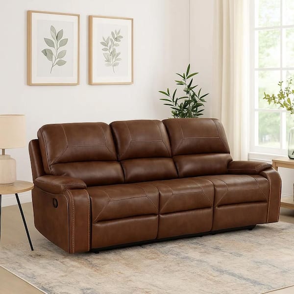 87 in. Pillow Top Arm Faux Leather Rectangle Manual Recliner Sofa in Brown