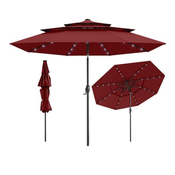 10 ft. Steel Market Solar Patio Umbrella with 32 LED Lights 3-Tier Vented Top in Wine