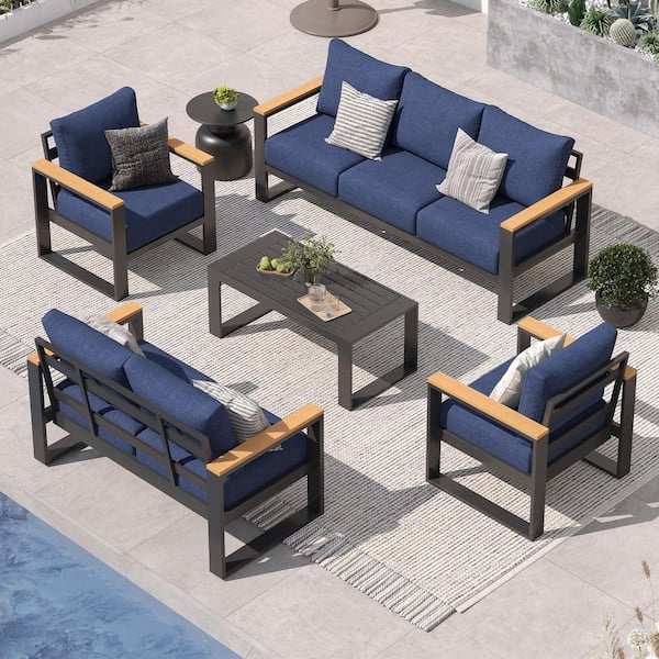 5-Piece Aluminum Patio Furniture Set, Outdoor Conversation Set with Blue Cushions and Coffee Table