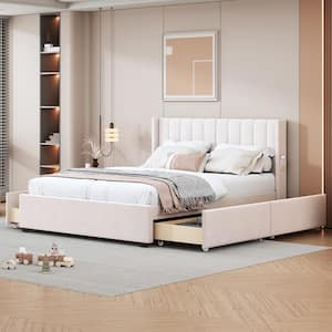 Beige Wood Frame Queen Size Velvet Upholstered Platform Bed with 4 Drawers, Tufted Headboard with Storage Pocket