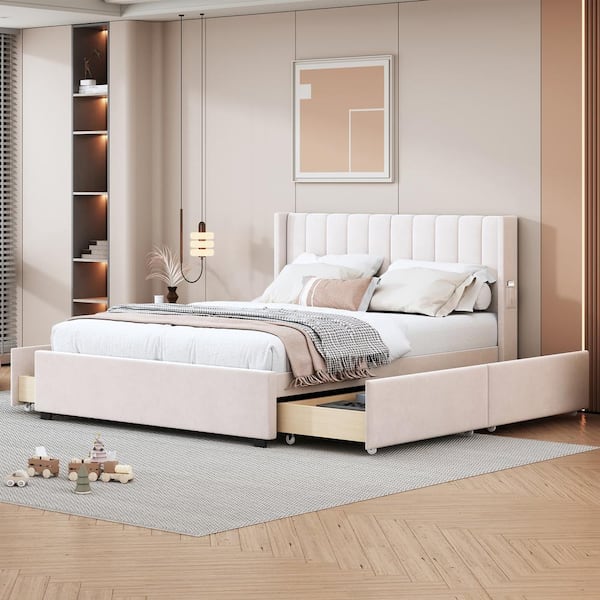 Harper & Bright Designs Upholstered Queen Bed Frames,Velvet Tufted Queen  Size Platform Bed with Headboard,Queen Storage Bed with a Big Drawer for