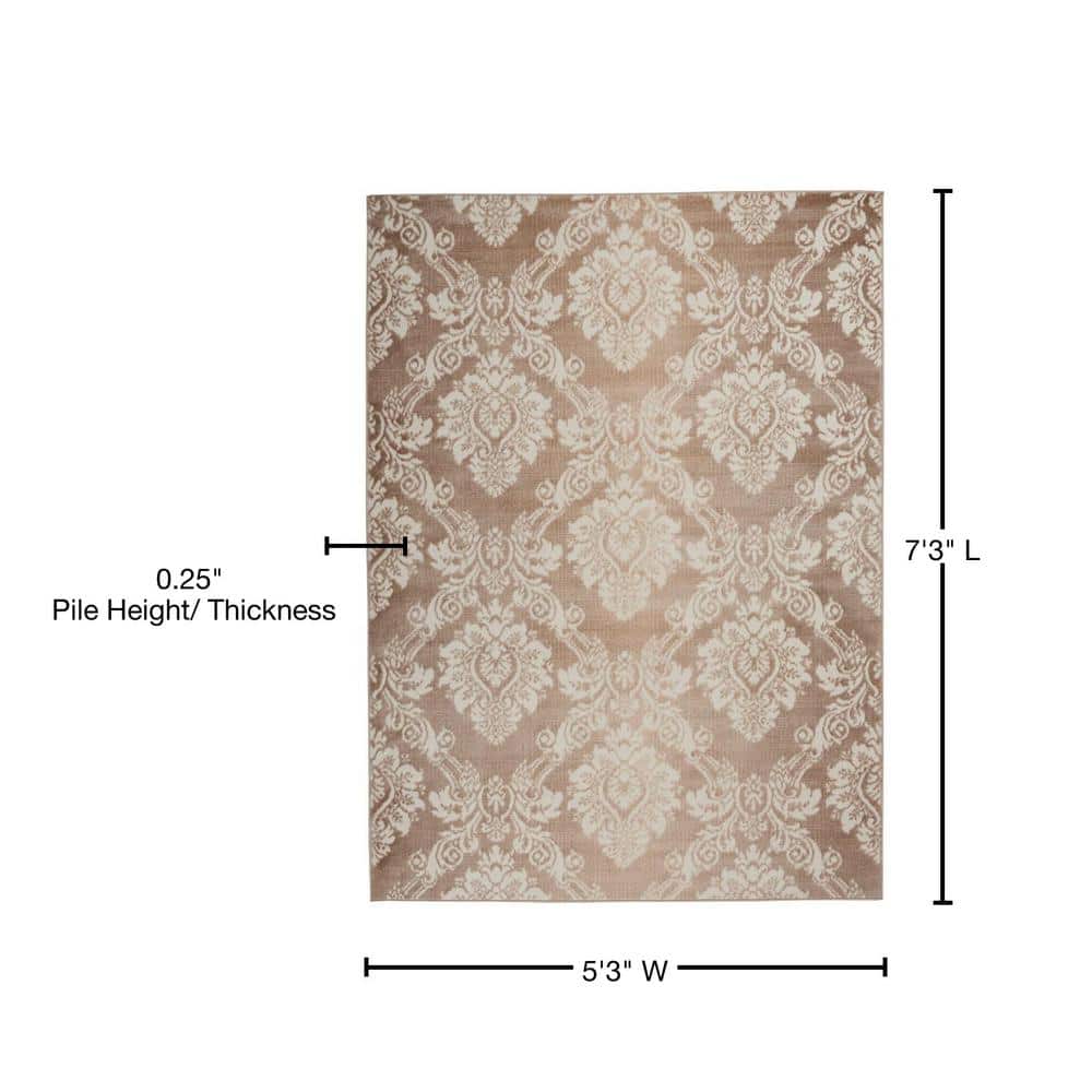 Ivory Mocha Floral Elegance 5' x 7' Easy-Care Synthetic Area Rug