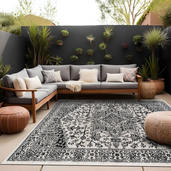 Athena Black 5 ft. x 7 ft. Rubber Back Washable Oriental Border Indoor Outdoor Patio Area Rug