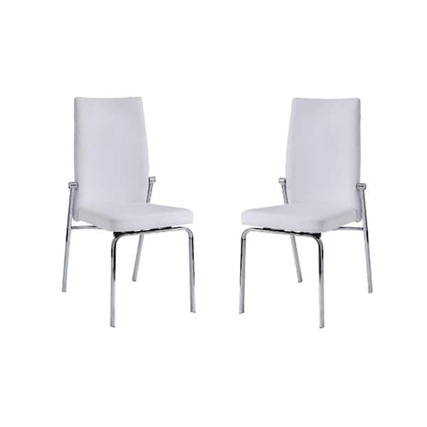 Benjara White and Silver Metal Side Chair with Leatherette Seat and Back (Set of 2)