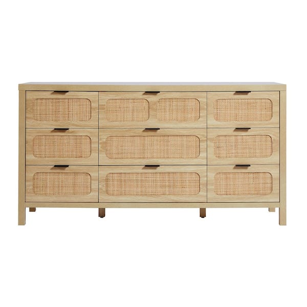 ATHMILE Natural Wooden Rattan Woven 9-Drawer Storage Dresser Cabinet (15.55in D x 58.5in W x 31.49in H)