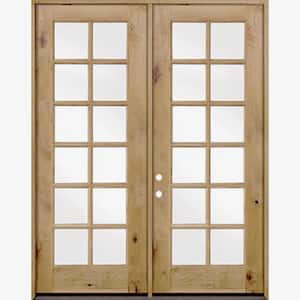 60 in. x 96 in. French Knotty Alder 12-Lite Clear Glass clear stain Wood Left Active Inswing Double Prehung Front Door