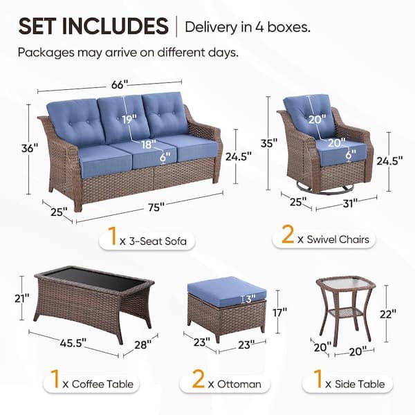 Modern Farmhouse 7-Piece Brown Wicker Patio Conversation Set with 6 In. Blue Cushions/Swivel Chairs with Coffee Table