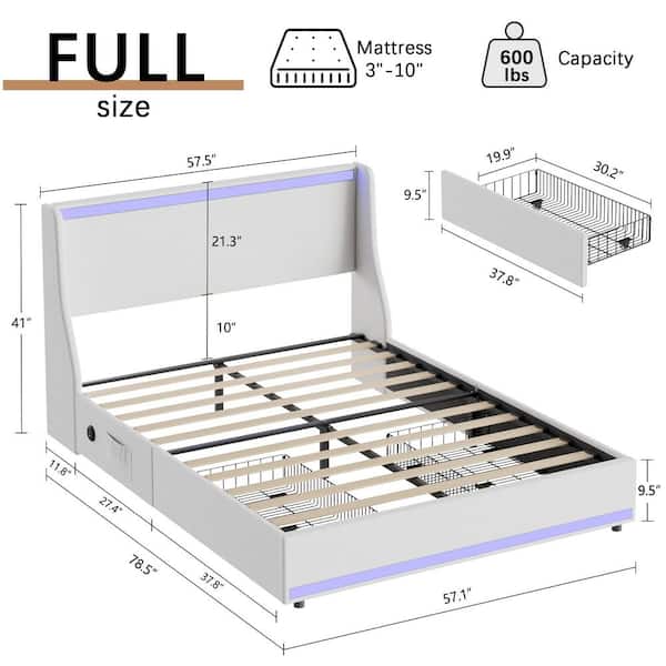 Upholstered Bed Full Platform Bed Frame with Headboard, Underbed Storage Drawers, RGB Lights and Charging Station, White