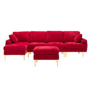 114 in. Rolled Arm 4-Piece Velvet L-Shaped Sectional Sofa in Red with Chaise