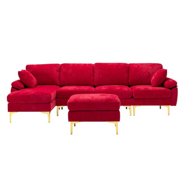 HOMEFUN 114 in. Rolled Arm 4-Piece Velvet L-Shaped Sectional Sofa in Red with Chaise