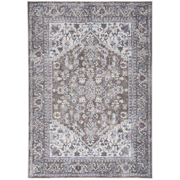 6' X 9' Gray Ivory and Blue Floral Distressed Washable Area Rug