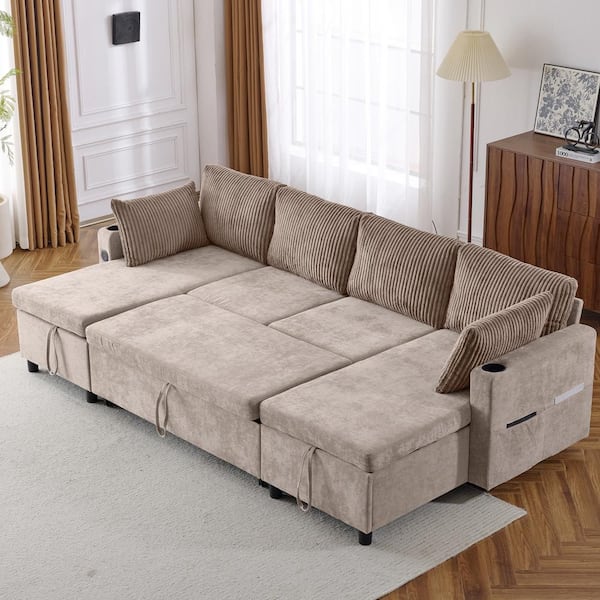 111.8 in. Chenille Sectional Sofa Convertible Sofa Bed in Brown with Storage Chaise Lounges, Cup Holders, USB Ports