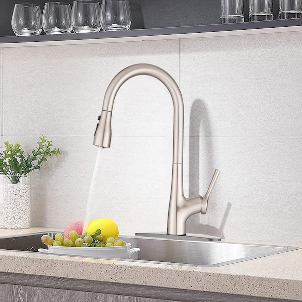 Single Handle Pull Down Sprayer Kitchen Faucet with Button control Power Clean in Brushed Nickel