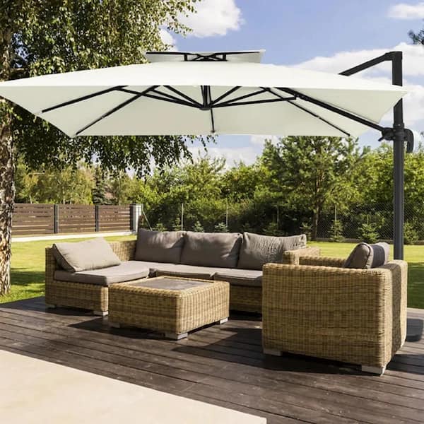 JEAREY 11 ft. x 11 ft. Square Two-Tier Top Rotation Outdoor Cantilever Patio Umbrella with Cover in Whisper White