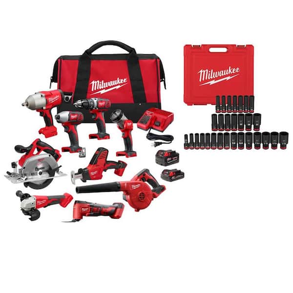 M18 18-Volt Lithium-Ion Cordless Combo Kit 9-Tool with 2-Batteries, Charger and Tool Bag w/ Impact Socket Set