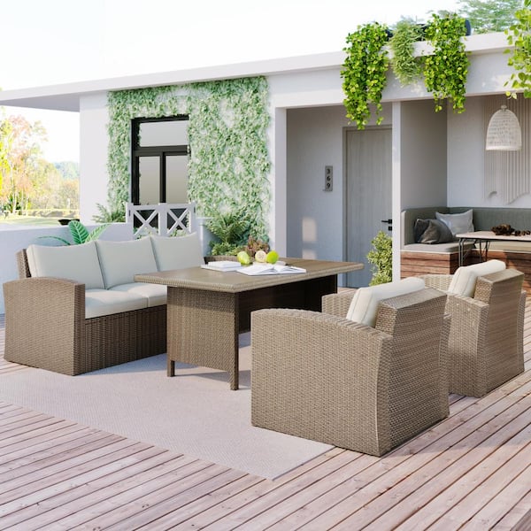 Unbranded 4-Piece Wicker Patio Conversation Set with Beige Cushions