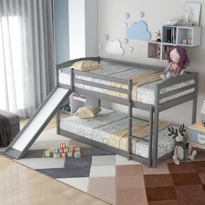 Modern Twin Over Twin Bunk Bed with Convertible Slide and Ladder, Gray