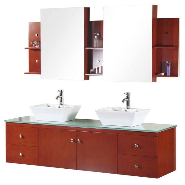 Design Element Portland 72 in. Vanity in Cherry Oak with Glass Vanity Top in Mint and Mirror-DISCONTINUED