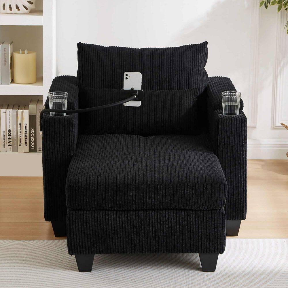 37.4 in. Square Arm Corduroy Square with USB Ports, Cup Holders, A Phone Holder and Ample Storage Space Sofa in Black
