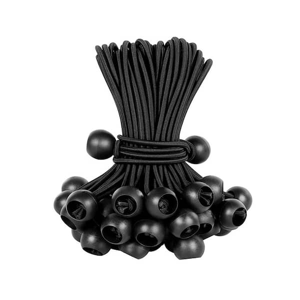 Heavy-Duty Black UV Treated Stretch Tie Loops, Reusable 6 in. 24-Pack Ball Bungee Canopy Tarp Tie Down Cord