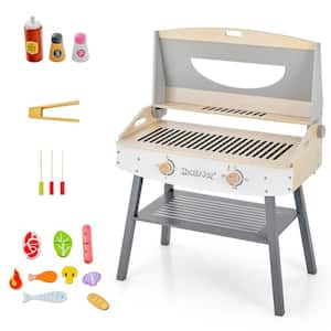 Kids Barbecue Grill Playset, Wooden Kitchen Playset with Clip 4 BBQ Poles