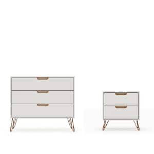 Intrepid 5-Drawer Off White and Nature Mid-Century Modern Dresser and Nightstand (Set of 2)