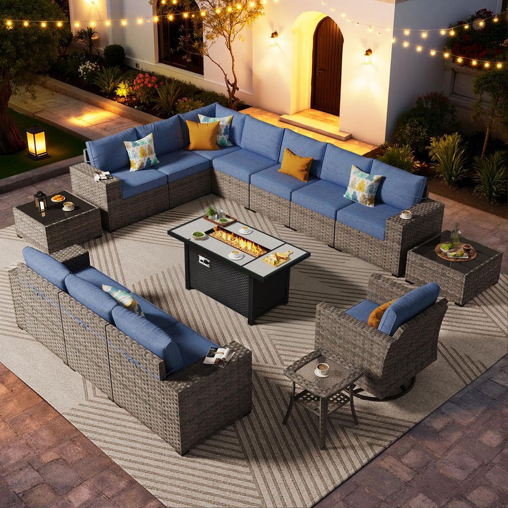 Sonnet 15 Pieces Wicker Outdoor Patio Rectangular Fire Pit Set and Swivel Rocking Chairs with Denim Blue Cushions price history on PriceWatchPro