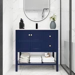 35.60 in. W x 18.10 in. D X35.10 in. H Plywood Freestanding Bathroom Vanity in Navy Blue with White Gel Top
